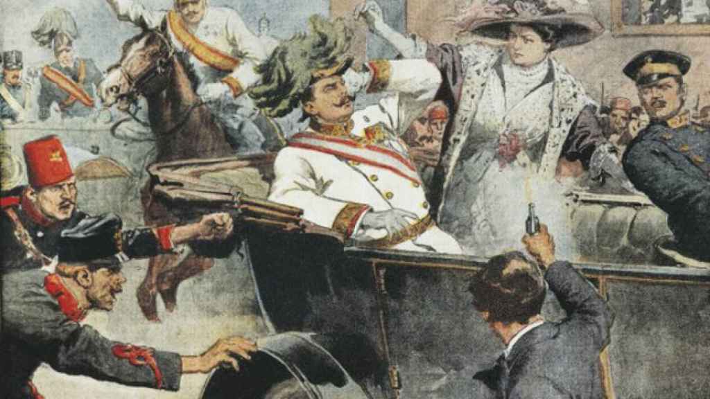 Ilustración en el semanario 'La Domenica' sobre el asesinato del archiduque Francisco Fernando de Austria.